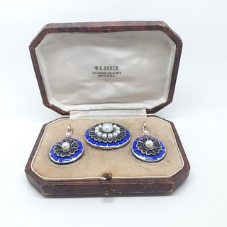 Vintage Russian Gold Enamel Pearl Earrings Pin Brooch Set
