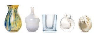 A Collection of Five Studio or Production Glass Vases Height of tallest 7 3/8 inches.