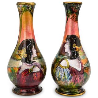 (2 pc) Antique Limoges French Enamel Vase