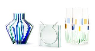 A Group of Three Glass Vases Height of tallest 11 1/2 inches.