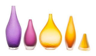 * Five Colored Glass Vases Height of tallest 9 inches.