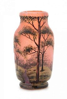 * An Enameled Cameo Glass Landscape Vase, Lamartine, Height 3 5/8 inches.