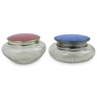 (2 pc) Enamel Silver & Glass Powder Jars