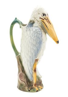 * A Continental Majolica Stork Form Ewer Height 13 3/4 inches.