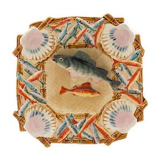 * A French Majolica Trompe L'oeil Square Dish Width 14 1/8 x length 13 3/4 inches.