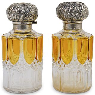 (2 Pc) Antique Sterling Silver & Crystal Perfume Bottles