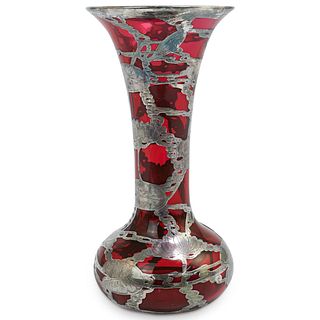 Vintage Sterling Silver Overlay Red Vase