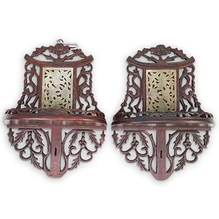 Chinese Carved Jade and Rosewood Wall Brackets