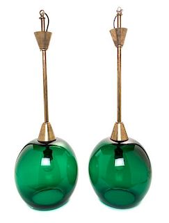 * A Pair of Brass and Glass Pendant Fixtures Height 30 inches.