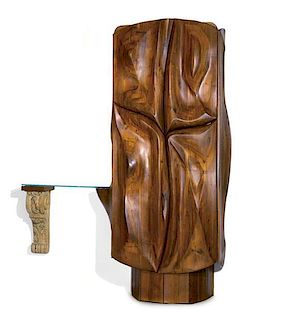 * A Laminated and Carved Walnut Bar Cabinet Height 107 x width 86 x depth 25 1/2 inches.