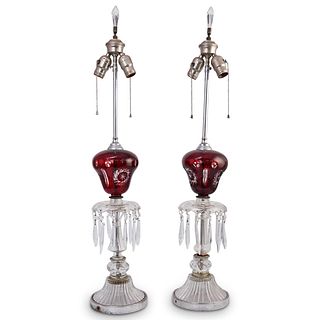 Pair Of Ruby Red Crystal Cut Lamps