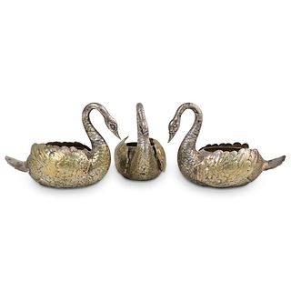 (3 Pc) Antique Sterling Silver Swans
