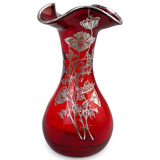 Sterling Overlay Ruby Glass Vase