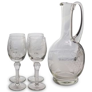 (5 Pc) Italian Etched Glass Pitcher and Set