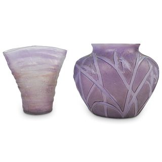 (2 Pc) Vintage Art Glass Purple Vases