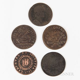 Five Colonial Cents and Tokens