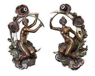 A Pair of Art Nouveau Patinated Bronze Single-Light Sconces Height 16 1/2 inches.