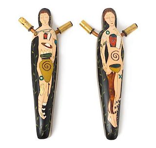 * A Pair of Painted Wood Two-Light Sconces Height 17 1/8 inches.