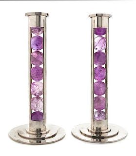 A Pair of Elizabeth II Silver and Amethyst Candlesticks, Paul Belvoir, London, 2007, each of cylindrical column form enclosing s