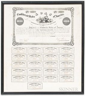 Framed 1862 Confederate $1,000 Eight Percent Bond