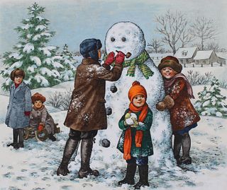 Faith Jaques (B. 1923) Children Building a Snowman