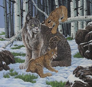 R.G. Finney (B. 1941) "Lynx Mother and Cubs"