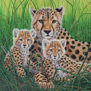 R.G. Finney (B. 1941) "Cheetah and Her Cubs"