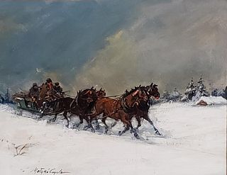 Gyula Metyko Oil, Horse Drawn Sleigh in Snowy Landscape