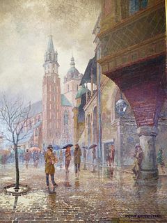Witold Kalicki Oil, Warsaw City Scene in Rain