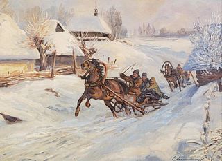 20thc. Polish School Oil, Horse Drawn Sleighs in Snow