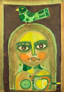 Badri Narayan Watercolor, Girl and Bird