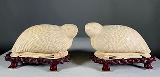 Pair of Chinese Carved Bone Quail Boxes