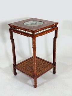 Chinese Elmwood, Porcelain and Bone Inlaid Stand