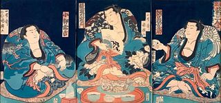 Japanese Color Woodblock Triptych, Utagawa Kuniteru