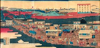 Japanese Color Woodblock Triptych, Busy City Street