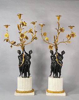 A Pair of French Bronze and Marble Figural Candelabra, 19thc.