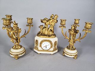 Marble and Bronze Clock Garniture after Clodion