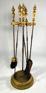 French Gilt Bronze and Steel Fire Tools with Stand
