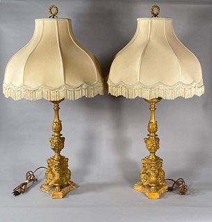 Pair of Baroque Style Gilt Bronze Candlesticks Fitted as Lamps