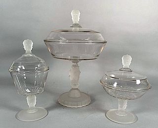 Three Pressed Glass Covered Compotes, 'Three Faces'