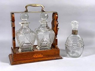English Inlaid Oak Tantalus and Two Crystal Decanters