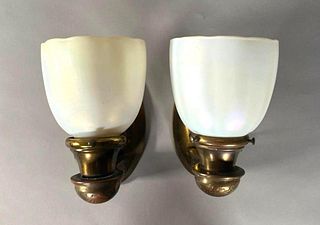 Pair of Brass Sconces with Steuben Shades