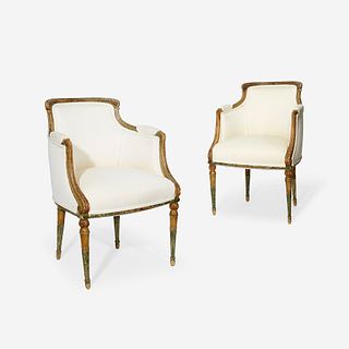A Pair of George III Style Painted and Parcel-Gilt Tub Chairs, Late 19th/early 20th century