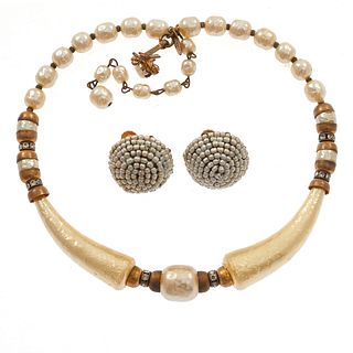 Miriam Haskell Faux Pearl Collar and Ear Clips