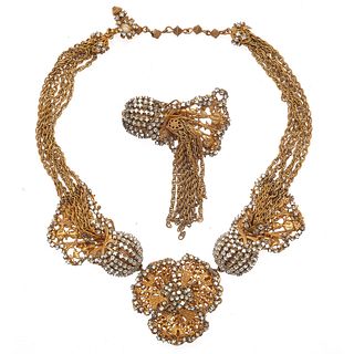 Miriam Haskell Rhinestone, Gold-Tone Necklace and Brooch