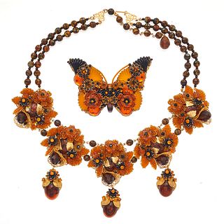Stanley Hagler Beaded Necklace and Butterfly Brooch