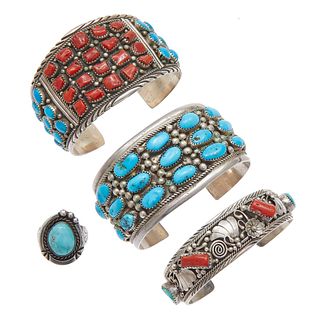 Collection of Native American Turquoise, Coral, Sterling Silver Jewelry