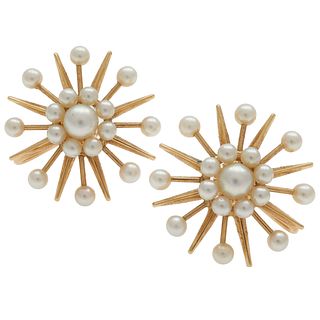 Pair of Fisher & Co. Modernist Pearl, 14k Ear Clips
