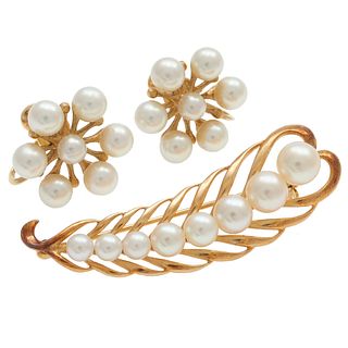 Mikimoto Cultured Pearl, 14k Pin and Ear Clips