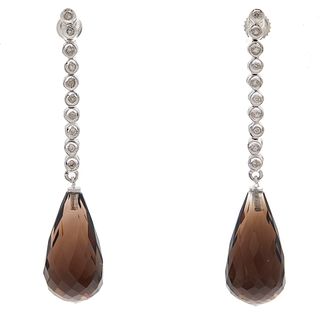 Pair of Diamond, Smoky Quartz, 14k White Gold Earrings